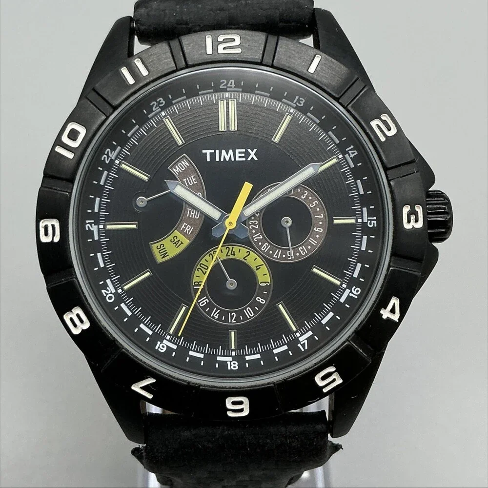 Timex Retrograde Mens Watch 45mm Black Dial Leather Sport T2N520 New Battery